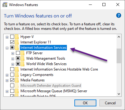 Toggle IIS on Windows Features Modal