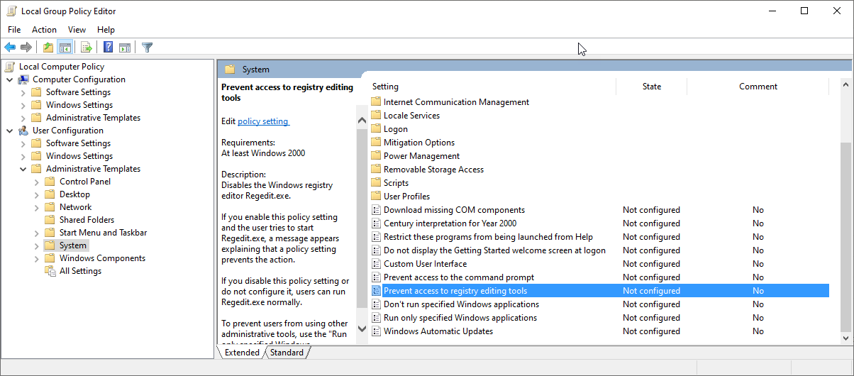 Access group policy editor for access to registry editing tools