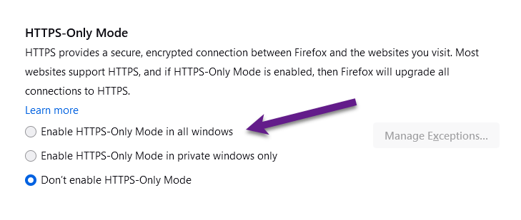 Firefox HTTPs Only Mode