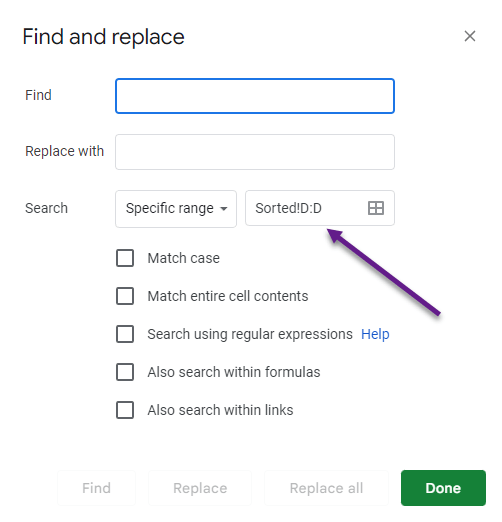 Google Sheets Find and Replace Modal