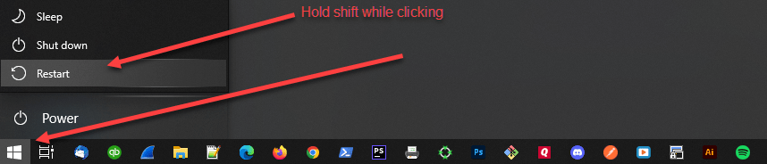 Start Menu Restart while holding shift key