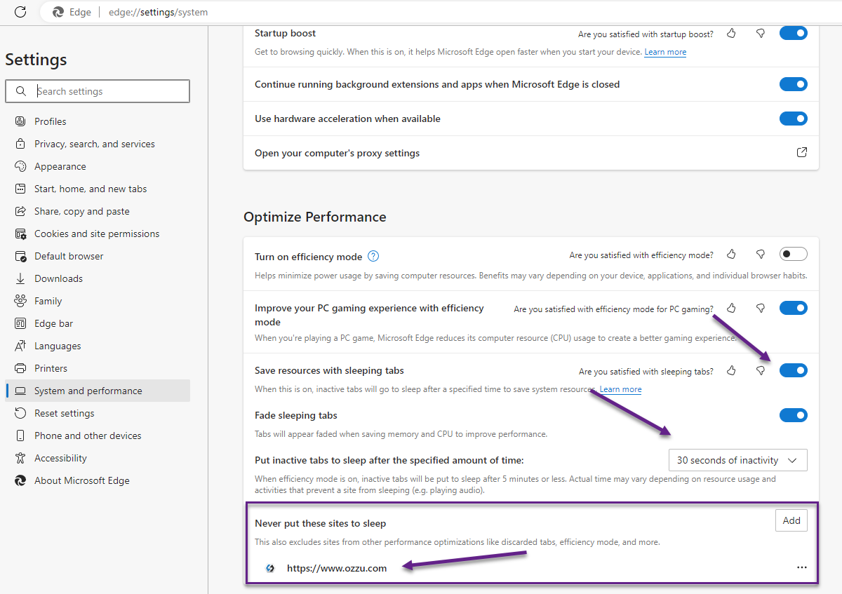 Disable sleeping tabs for Microsoft Edge