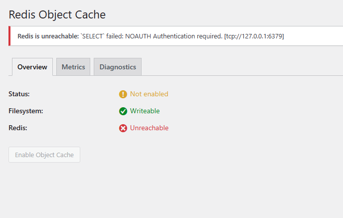 Redis Object Cache error due to authentication required