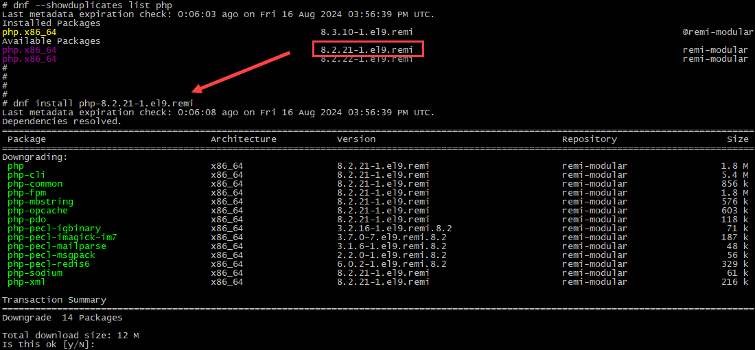 How to downgrade PHP with dnf install command