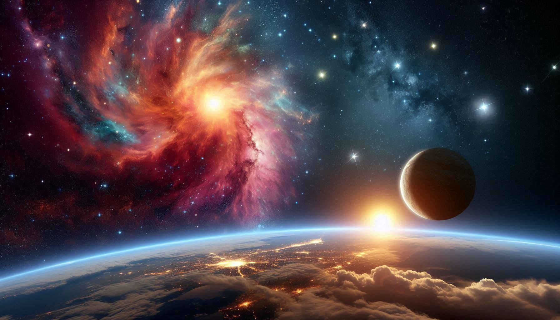 An amazing space scene with a nebula off in the distance