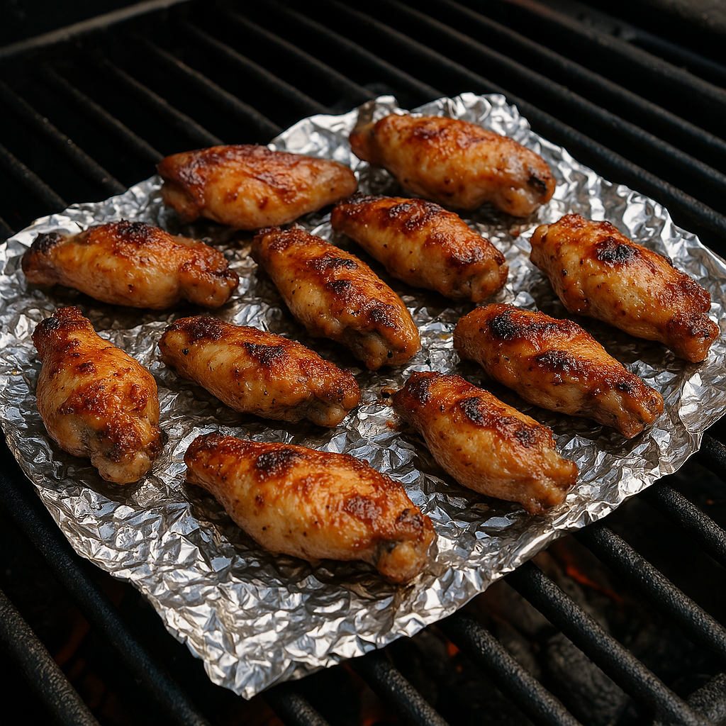 Grilled wings on crumbled foil