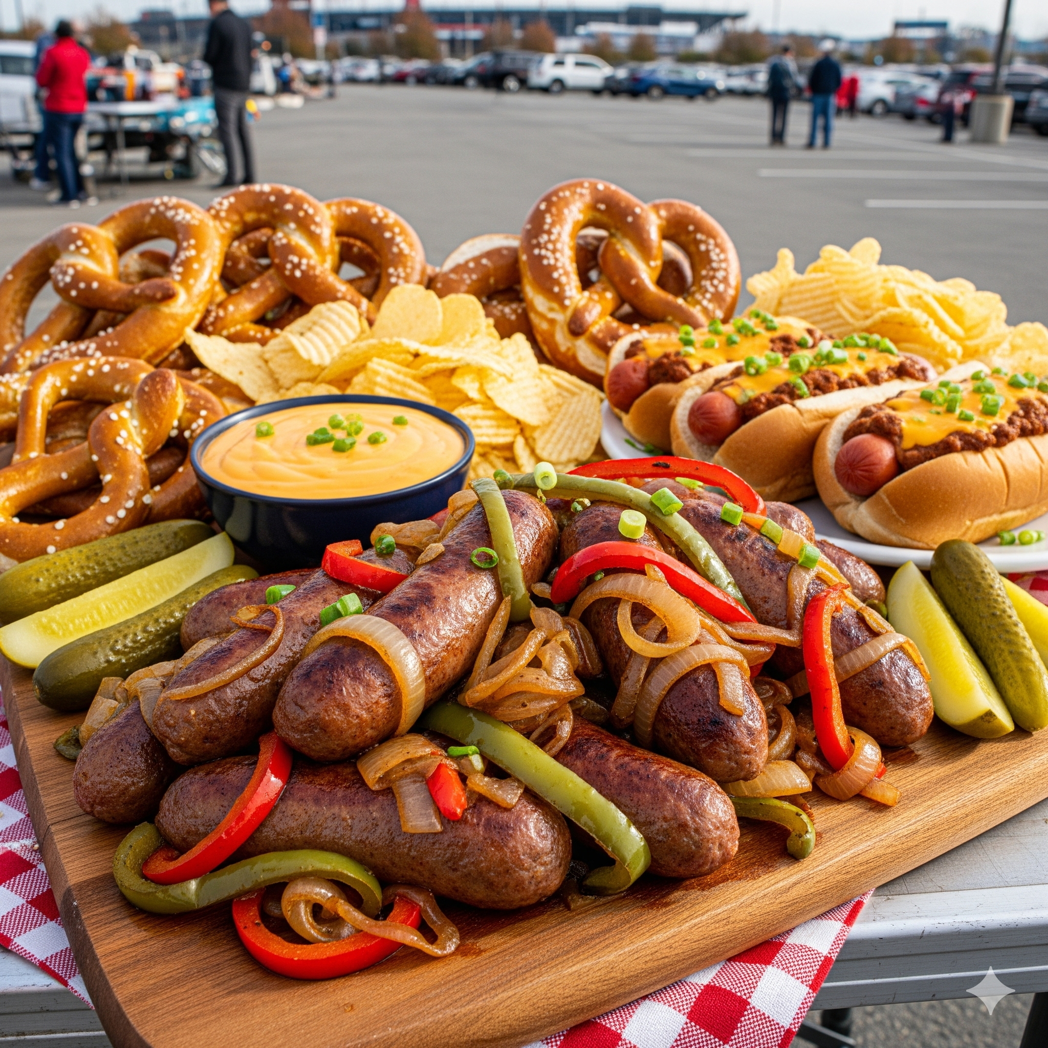 Tailgate Brats and chili cheese dogs