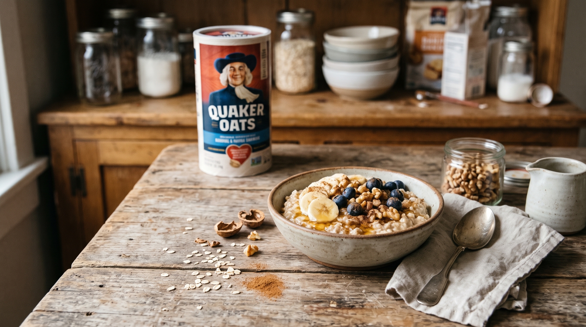 Bowl of oatmeal in a rustic setting.